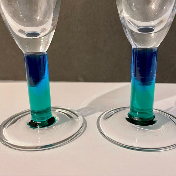 Champagne Flutes Blue Green Glass Stems Set of 2 Sparkling Wine - Picture 2 of 6